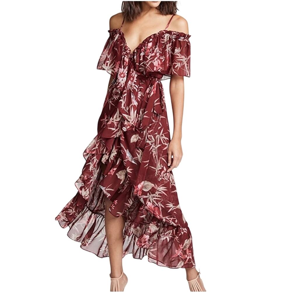 MISA Los Angeles BurgandyTalya Tropical Floral Ruffle Midi Medium NWOT